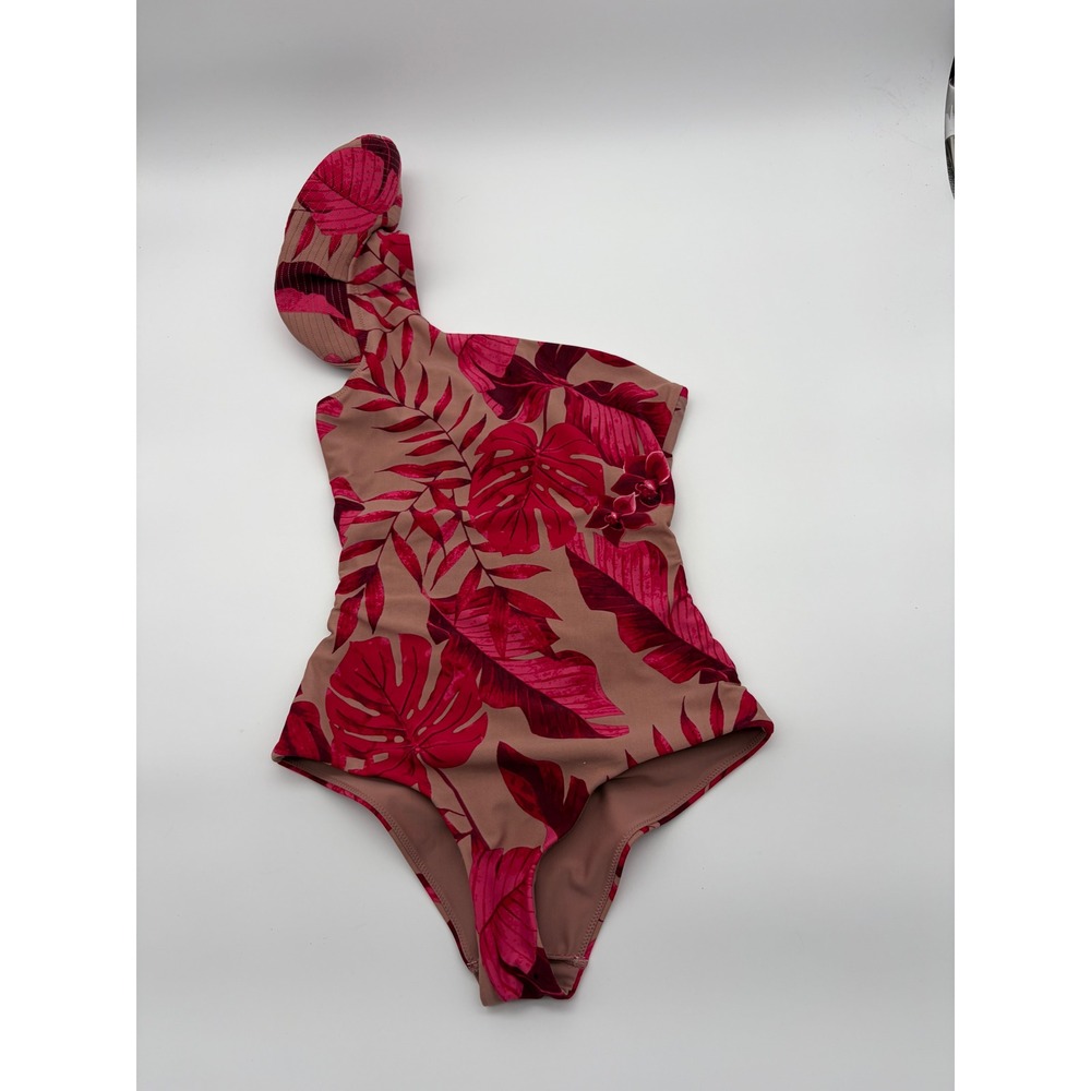 Johanna Ortiz x HM Tropical One Shoulder Swimsuit Pink Tan XS Cutout Back